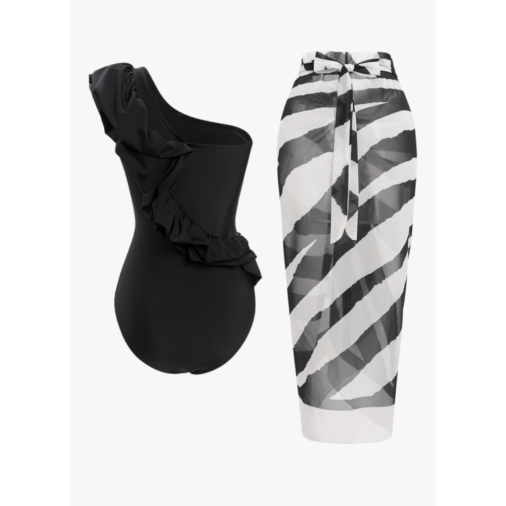 IDOPIP Womens One Piece Swimsuit with Sarong‎ Wrap Skirt Black Zebra Size Small